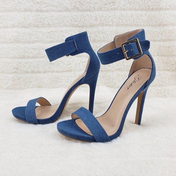 Denim Single Ankle & Toe Strap 4.5" High Heel Stiletto Shoes - Picture 3 of 10